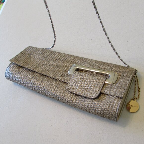 Big Buddha Woven Tan/Gold Clutch Bag - Like New - 12"x4.5" - Picture 9 of 16